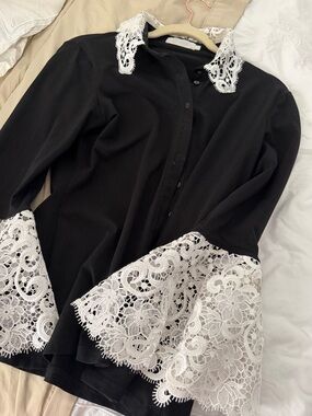 Anne Fontaine Black Button-Up Blouse with White Lace Collar & Bell Sleeves